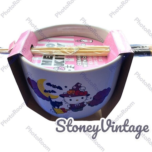 Hello Kitty Halloween Ceramic 20oz Bowl With Chopsticks Set of 2 Halloween Print - Picture 11 of 11